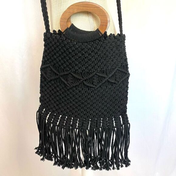 Anthropologie Danielle Nicole Black Boho Retro Macrame Bag Crossbody Tote Gypsy - Picture 4 of 7